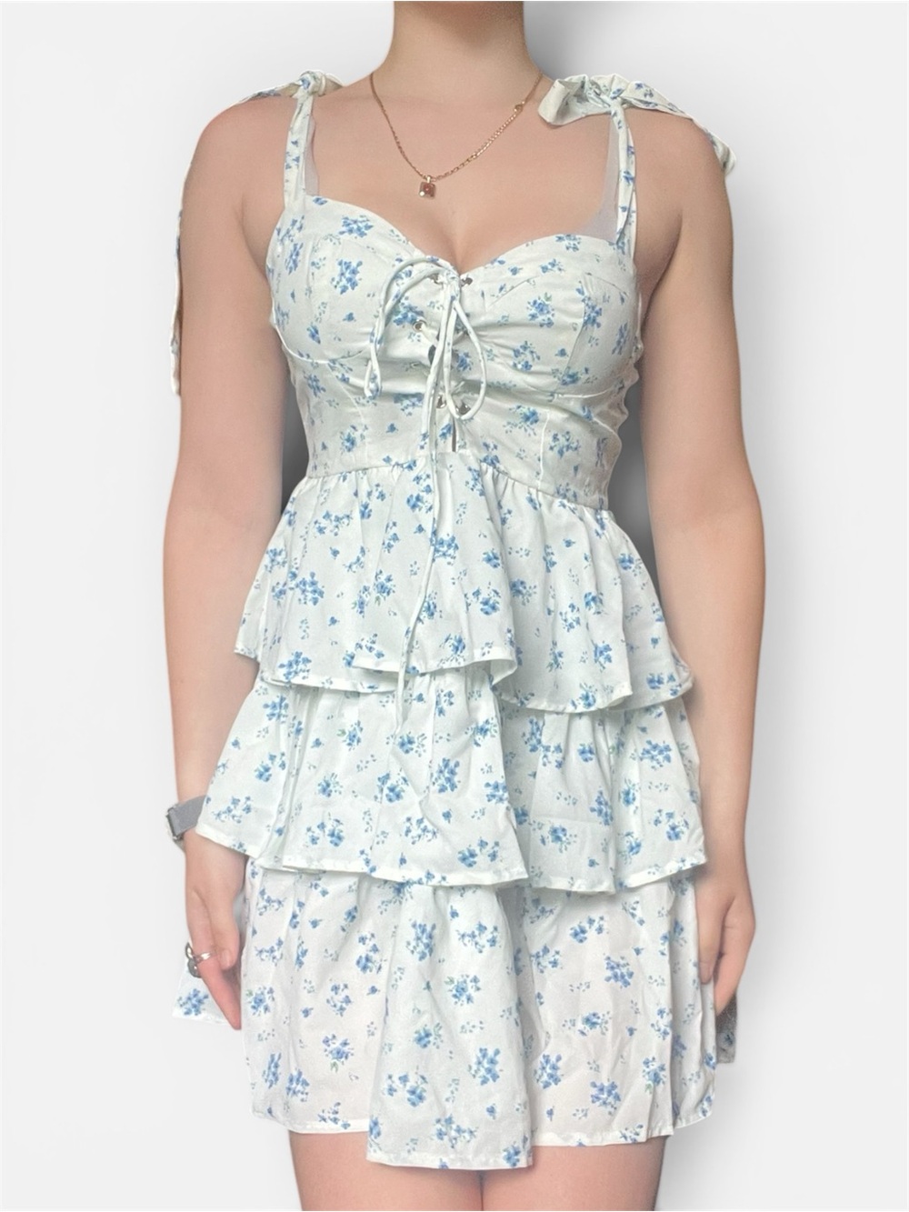 CIDER ditsy floral lace up tiered mini dress